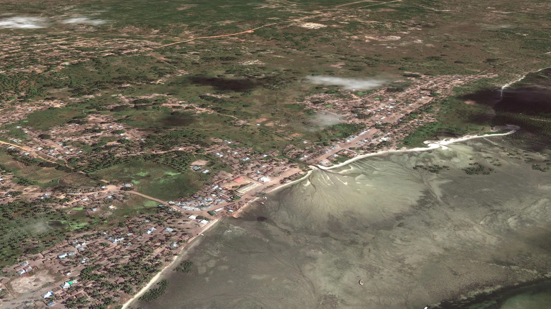Aerial perspective view of the coastal village area of the town of Palma in Mozambique