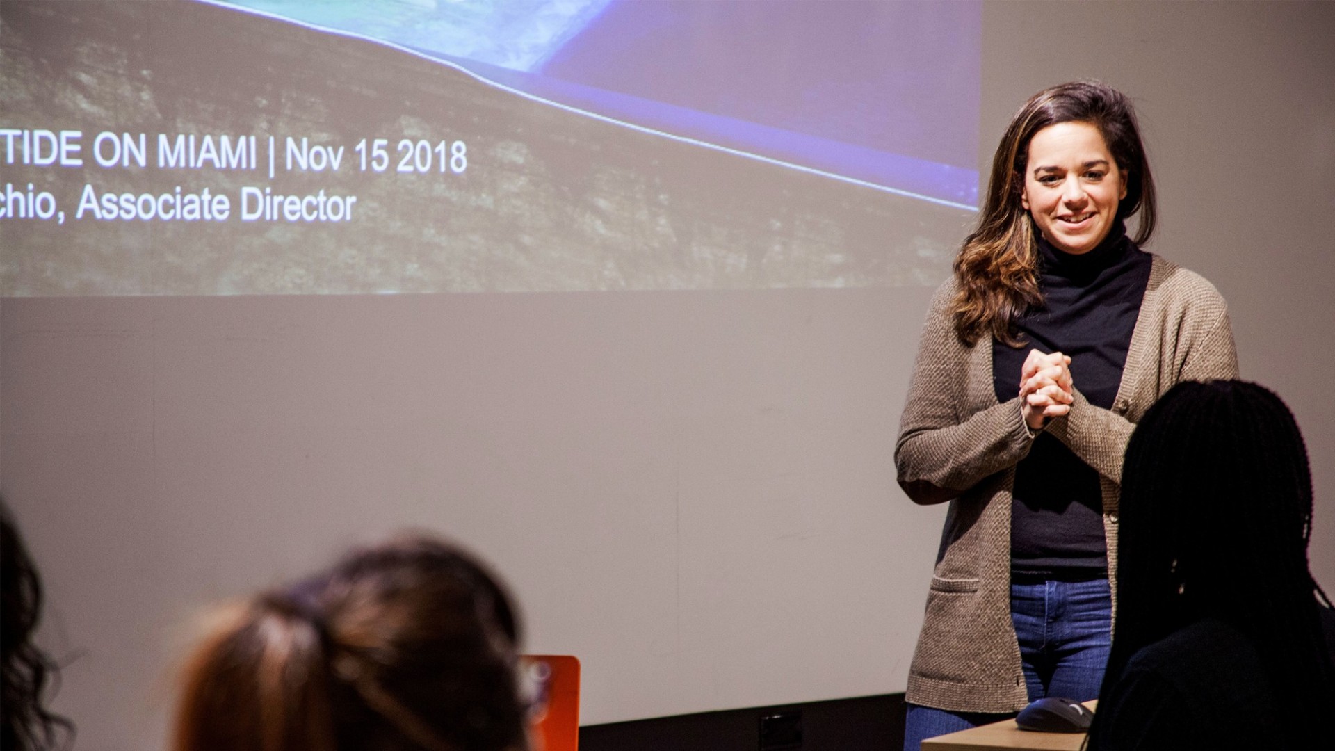 Johanna Lovecchio presenting at the screening of Van Alen Sessions Season 4: Turning the Tide in Miami.