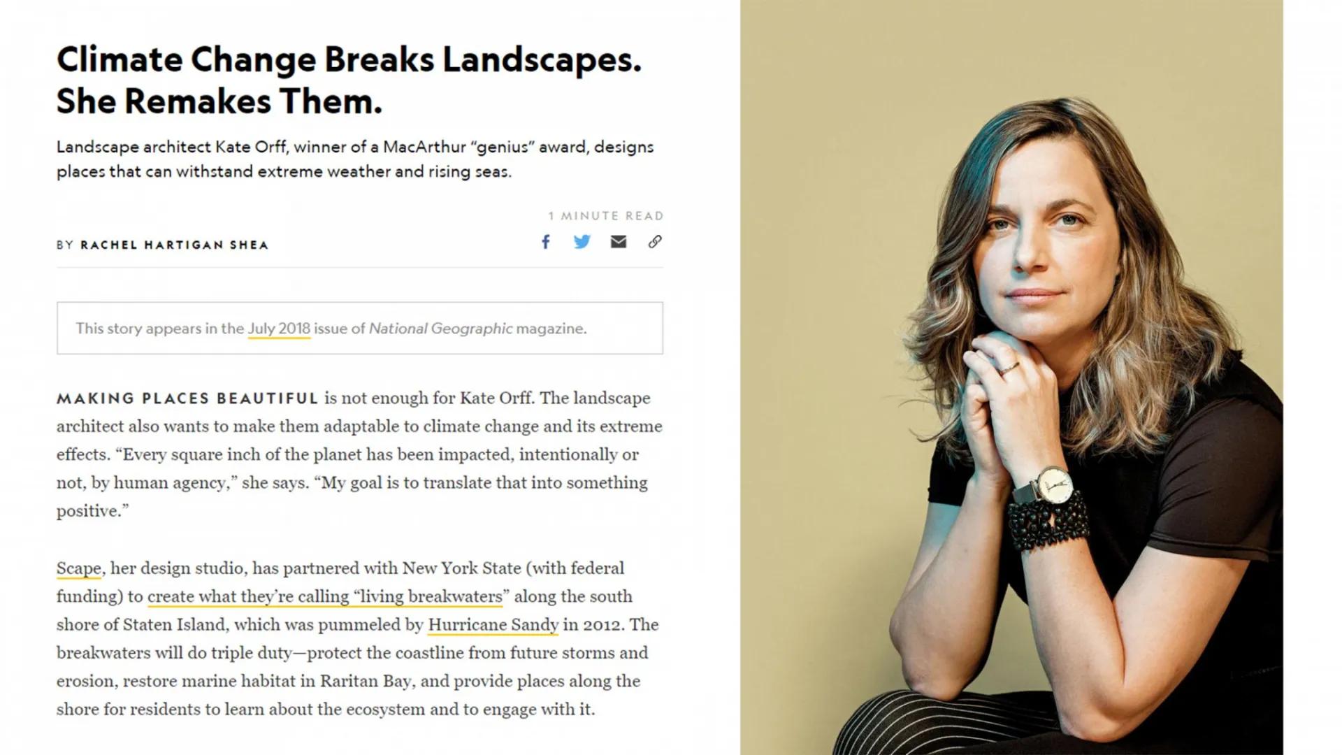 Article in the July 2018 issue of National Geographic and featured portrait of Kate Orff 
