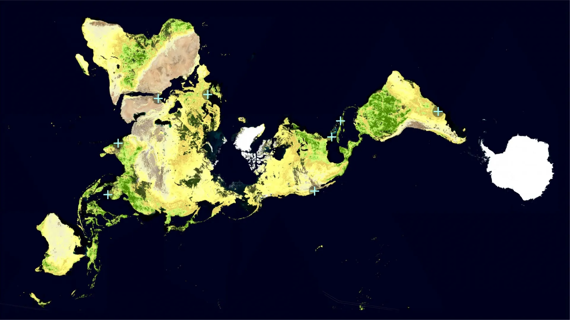 A world map with highlighted locations within the scope of work of 100 Resilient Cities and Center for Resilient Cities and Landscapes' projects.